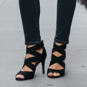 Unisa Black Suede Strappy Heels Women’s 7.5M Zip Back Open Toe Sandals